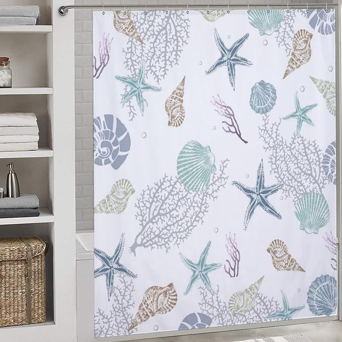 Nautical Coastal Shower Curtain,Summer Coral Starfish Seashell Blue Ocean Beach Shower Curtains for Bathroom Waterproof Polyester Fabric Bathroom Curtain with Hooks,72x72Inch