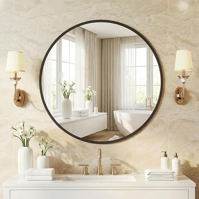 NEWBULIG Wall Mirror, Bathroom Mirror for Over Sink, Matte Metal Framed Vanity Mirror, Wall Decor for Bedroom, Tempered Glass