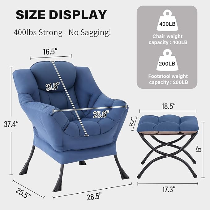 Tiita Lazy Chair with Ottoman, Blue Modern Large Accent Chair, Comfy Leisure Sofa Armchair with Ottoman, Reading Chair with Footrest for Bedroom, Living Room, Dorm Rooms, Blue