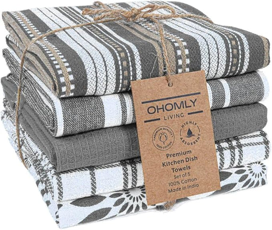 Assorted Kitchen Towels Set of 5-100% Cotton Dish Cloths Towels with Hanging Loop - Soft, Absorbent & Washable for Kitchen Use - Quick Drying Dish Towels 16x26 Inch Grey