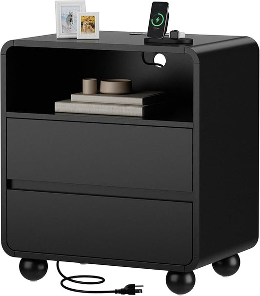 Lulive Wood Night Stand with Drawers, Modern Bedside End Table with Charging Station, Curved Profile Design Storage Nightstand for Bedroom, Black