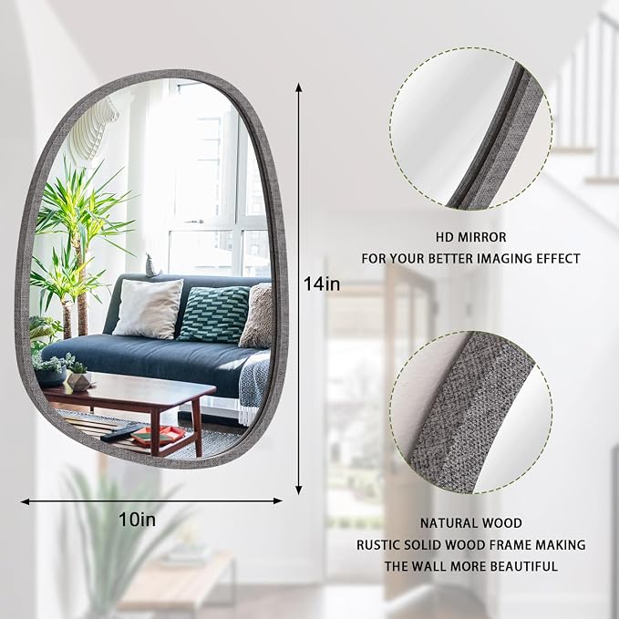 Asymmetrical Mirror for Wall Irregular Small Wall Mirror Oval Modern Wood Frame Unique Shape Mirror Wall Mounted Vanity Artistic Mirror Decorative for Living Room Bedroom Bathroom Entryway Hallway