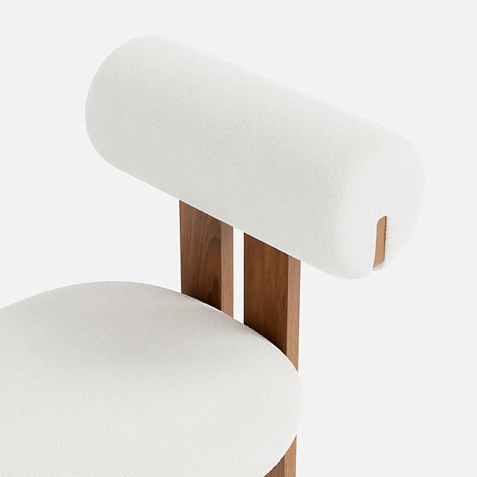 Upholstered Kitchen & Dining Room Table Chairs Set of 2, Solid Wood Walnut Mid Century Dining Chairs with Boucle Upholstery, Cylindrical Backrest for Vanity, Living Room, Office, White & Walnut