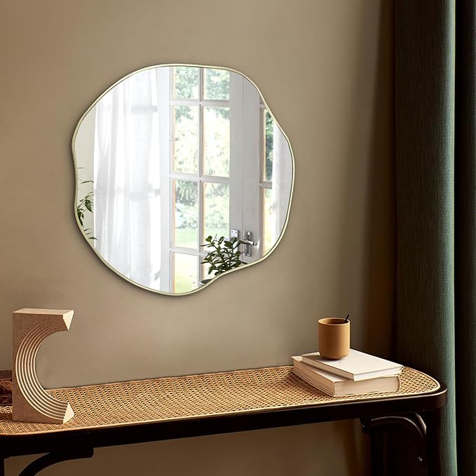 POZINO Gold Irregular Mirror, 20" Asymmetrical Wall Mirror, Scalloped Rounded Mirrors, Modern Frameless Abstract Mirrors for Living Room Bedroom Bathroom Entryway Hallway Fireplace