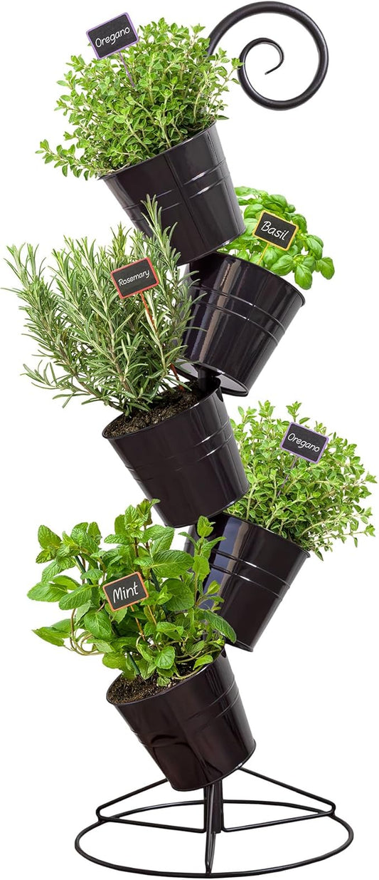 Hanging Flower Pot Tiered Stand (Black), Metal Outdoor Stacking Planter