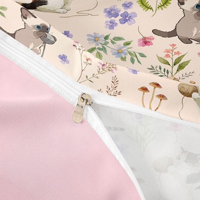 Erosebridal Cute Cat Toddler Comforter Cover Kitten Cat Lovers Bedding Set Beige Boho Watercolor Floral Duvet Cover for Kids Girls Boys Adults Funny Pet Animal Bed Set