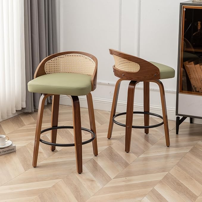 30" Swivel Rattan Bar Stools Set of 2 Mid-Century Modern Faux Leather Upholstered Bar Height Stools Kitchen Island Barstool with Rattan Low Backrest,Walnut Wood Finish Bar Chairs,Green PU