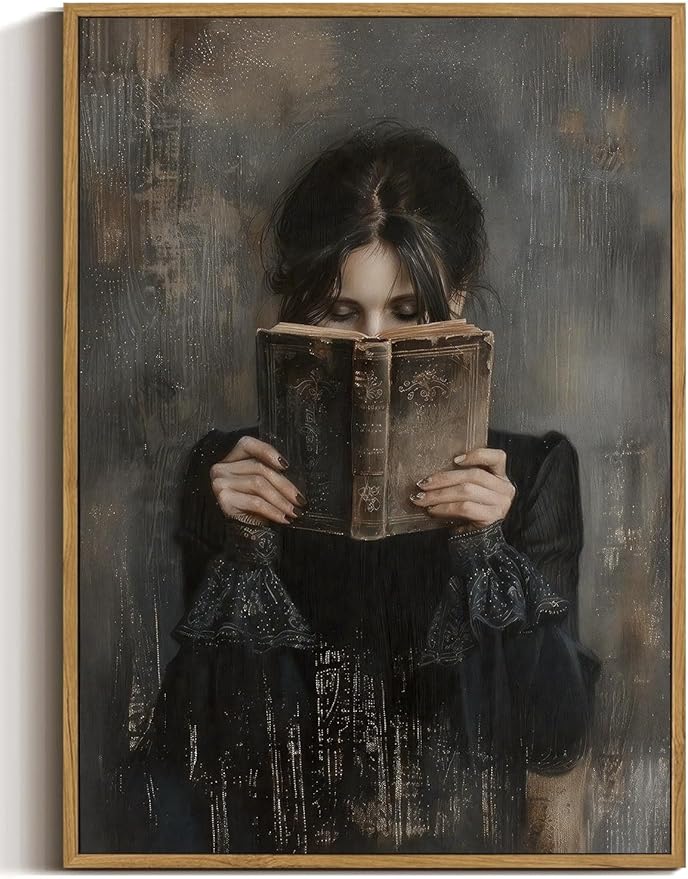 WALLZK Vintage Framed Wall Art Lady Reading Canvas Prints Dark Academia Moody Victorian Decor Pictures Artwork for Walls Living Room Study Bedroom Bathroom 12"x16"