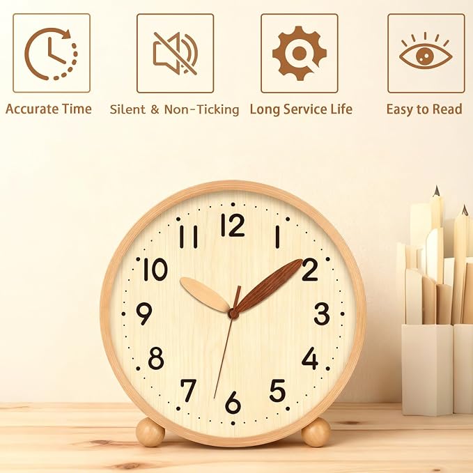 Maxspace Wooden Table Clock,8in Silent Non-Ticking Desk Clock,Battery Operated Desktop Analog Clock for Living Room Bedroom Kitchen Office Classroom Decor (Log - Log)