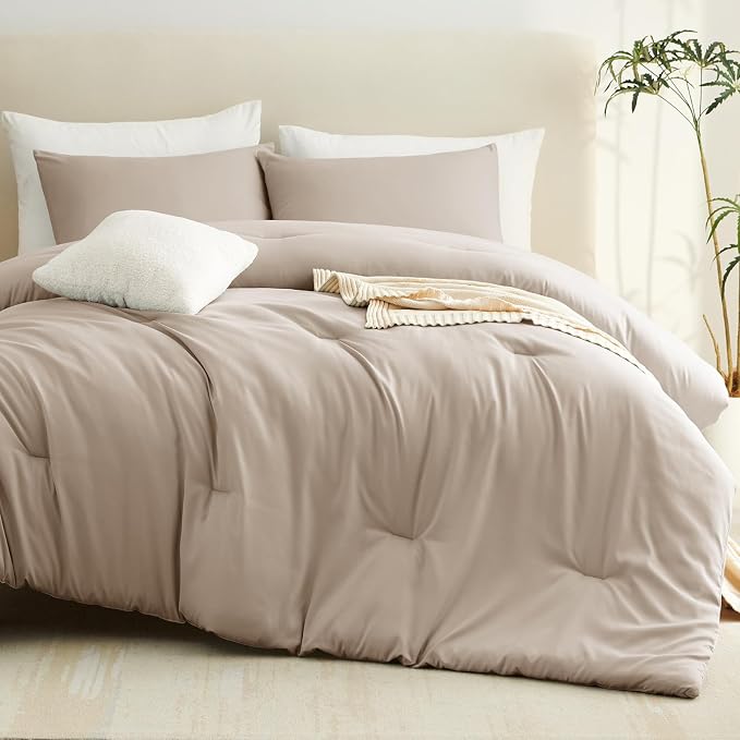 CozyLux Queen Comforter Set Wheat, 3 Pieces Lightweight Comforters Queen Size Quilted Bedding Sets, All Season Breathable Solid Down Alternative Comforter with 2 Pillowcases, Bed Set Gift for Home
