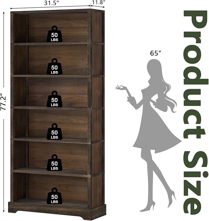 TVU 6-Tier Wooden Book Shelf, Floor-Standing Display Bookcase, 77.2" H x 31.5" W x 11" D Bookshelf, Farmhouse Style Book Case with Arched Base, Suitable for Living Room, Study, Office, Walnut