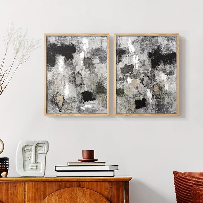 Renditions Gallery Set of 2 Peel & Stick Framed Prints, Abstract Wall Art, Hand Painted Black and White Pattern Wall Decor, Re-Stickable - Ready to Hang - 11"x14" - NATURAL WOOD Frame LT588