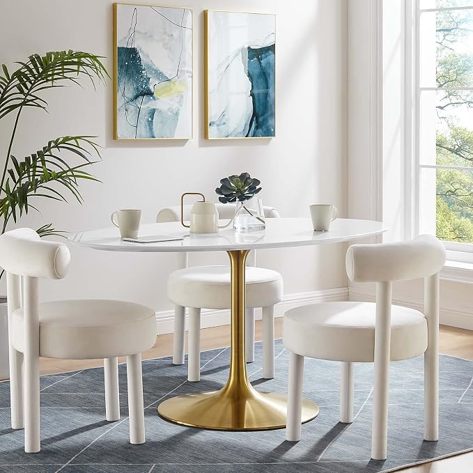 Modway Lippa 60" Oval-Shaped Mid-Century Modern Dining Table with White Wood Top and Gold Base