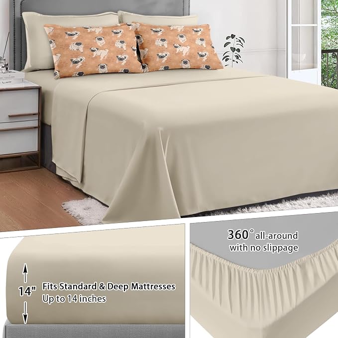 7Pcs Comforter Set Full Size, Cute Brown Pug Dog Lover, Bedding Decor Happy Puppy Animal Paws Gift Bedroom Bed Set with Flat Sheet Fitted Sheet Pillowcases Shams for Kids and Adults