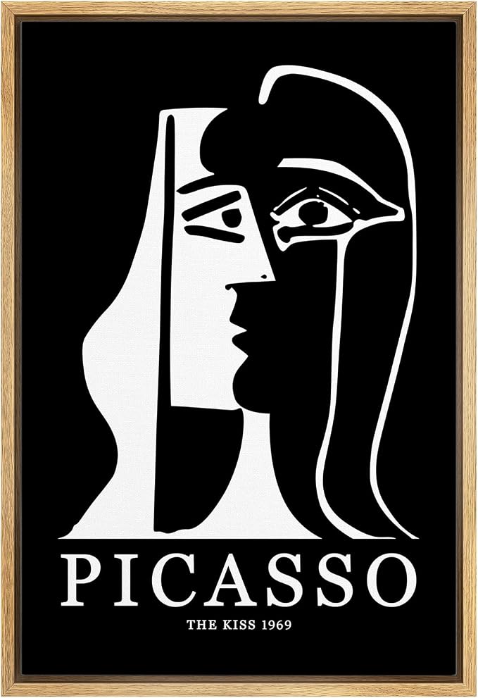 MUDECOR Framed Canvas Print Wall Art Picasso Black & White Geometric Kiss Portrait Shapes Abstract Illustrations Modern Art Minimal Dramatic Dark for Living Room, Bedroom, Office - 24"x36" Natural
