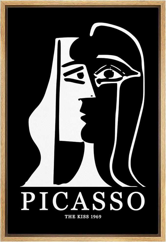 MUDECOR Framed Canvas Print Wall Art Picasso Black & White Geometric Kiss Portrait Shapes Abstract Illustrations Modern Art Minimal Dramatic Dark for Living Room, Bedroom, Office - 16"x24" Natural