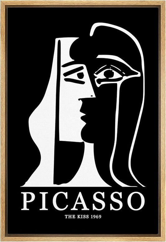 MUDECOR Framed Canvas Print Wall Art Picasso Black & White Geometric Kiss Portrait Shapes Abstract Illustrations Modern Art Minimal Dramatic Dark for Living Room, Bedroom, Office - 16"x24" Natural