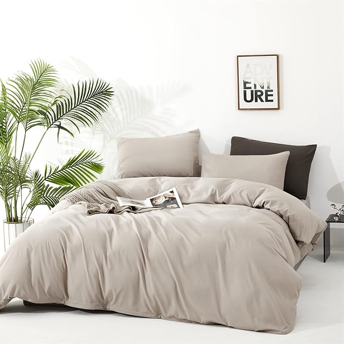 Pureant Beige Khaki Comforter Set Queen Size Light Khaki Bedding Set 3PCS Solid Oatmeal Comforter Modern Soft Women Men Cream Coffee Bedding Light Taupe Queen Size Quilts Cotton Champagne Bedding