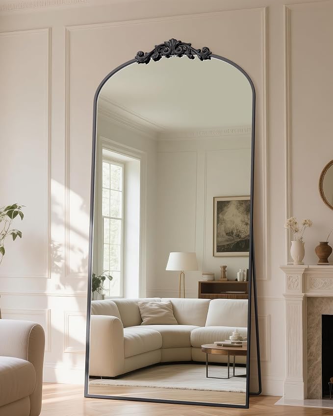 Antok Arched Full Length Mirror, 78"x38" Floor Mirror with Carved, Full Body Mirrors for HomeDecor, Standing/Halling Large Wall Mirror for Bedroom, Living Room, Cloakroom, Black, Retro Style