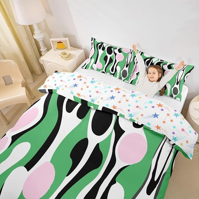 Erosebridal Mid Century Modern Abstract Duvet Cover Set Vintage Geometric King Bedding Set for Adult Men Contemporary Organic Shapes Comforter Cover Squiggle Blob Bed Sets,Green Pink