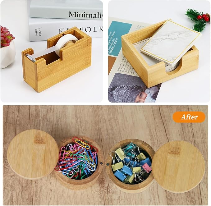 MultiBey Bamboo Desk Organizer Set, Magnetic Rotating Paper Clip Holder with Lid, Wood Tape Dispenser with Refills, Sticky Note Holder for Office & Home Desk Supplies (3-Piece Set)