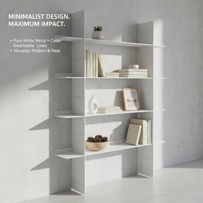 4 Tier Floating Book Shelf, Metal Wall Mounted Storage Shelves with 2 Uprights & 4 Shelves, Easy Install Display Shelf for Books, Plants, Decor & Collectibles, White