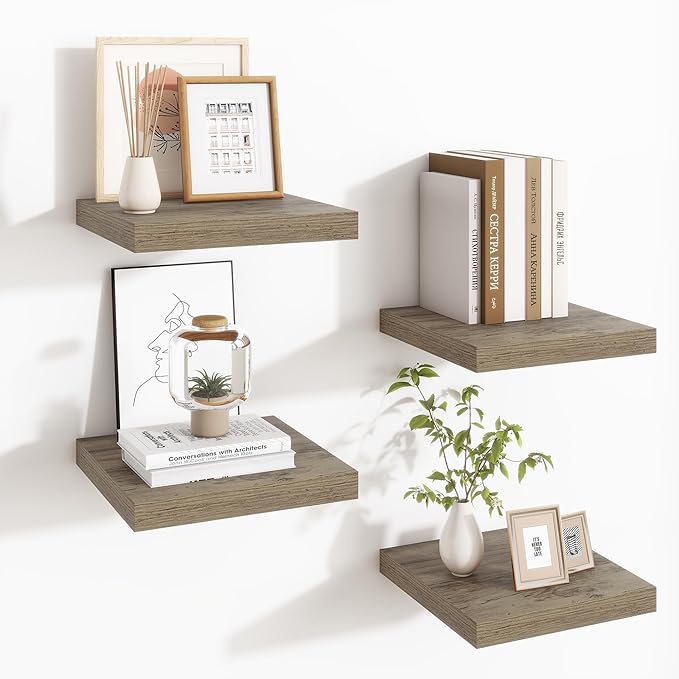 Fun Memories Square Floating Shelves for Wall - 9.3 Inch Deep Floating Shelves with Invisible Brackets, Grey Small Wall Shelf for Living Room, Bathroom, Bedroom, and Kitchen Decor，Set of 4