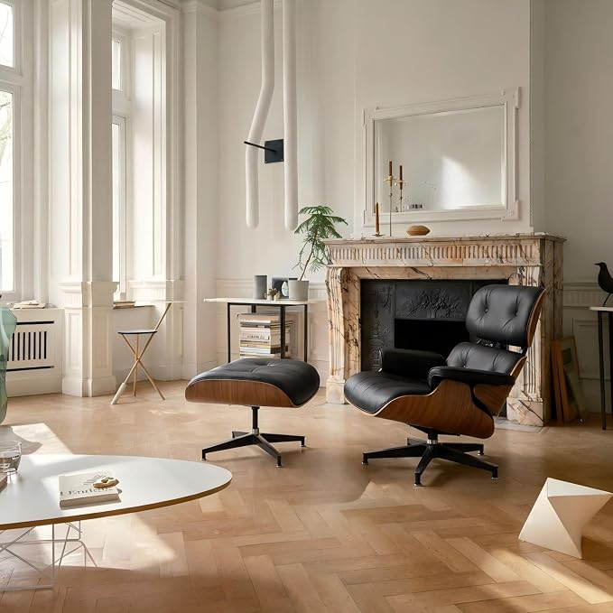 Top Grain Leather Mid Century Chaise Lounge Chair and Ottoman, Reading Chair, Leather Accent Chair, Modern Chair, Classic Design, Heavy Duty Base Support for Living Room Lounge Office