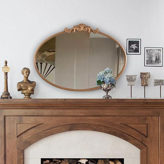 Gold Oval Mirror for Wall,Baroque Fireplace Decor,Brass Wall Mirror,Victorian Vintage with Full Matel Frame,Ornate Entryway/Bathroom/Living Room/Hallway 36''X24'' (XD-004ZM)