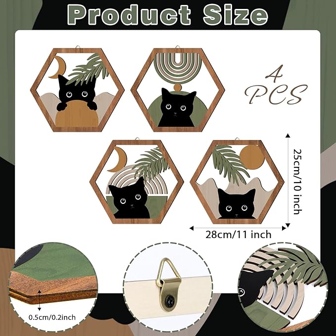 HPNIUB Boho Black Cat Wall Decor, Farmhouse Geometric Hanging Wooden Wall Art, 4 Pieces 11''x9.8'' Mid Century Bohemian Abstract Moon and Sun Wood Sign for Nursery Bedroom Decoration, Lovely Cat Gifts