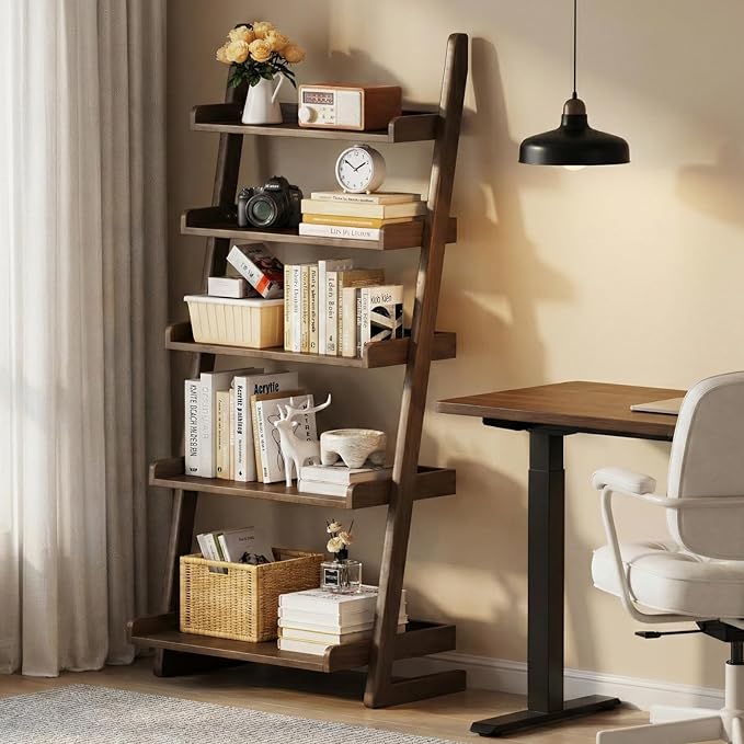 Wooden Walnut Ladder Shelf - 5-Tier Solid Wood Leaning Ladder Bookshelf Shelves Bookcase for Saving Space, 55" H Book Shelf for Living Room & Bedroom & Home Office