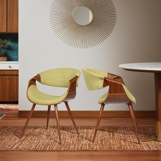 Armen Living Butterfly Mid-Century Dining Chair in Walnut Finish and Green Fabric - Set of 2