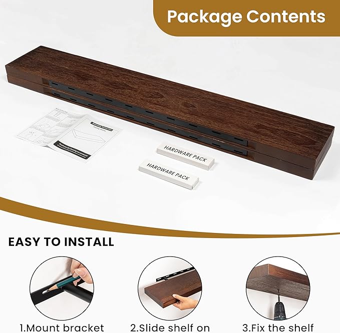 RICHFOCUS Rustic Wooden Floating Shelves for Wall - 48 Inch Wood Shelves Set of 2-7.9 Inch Deep Solid Paulownia Wood Wall Mounted Shelves with Upgraded Metal Brackets for Room Decor, Walnut