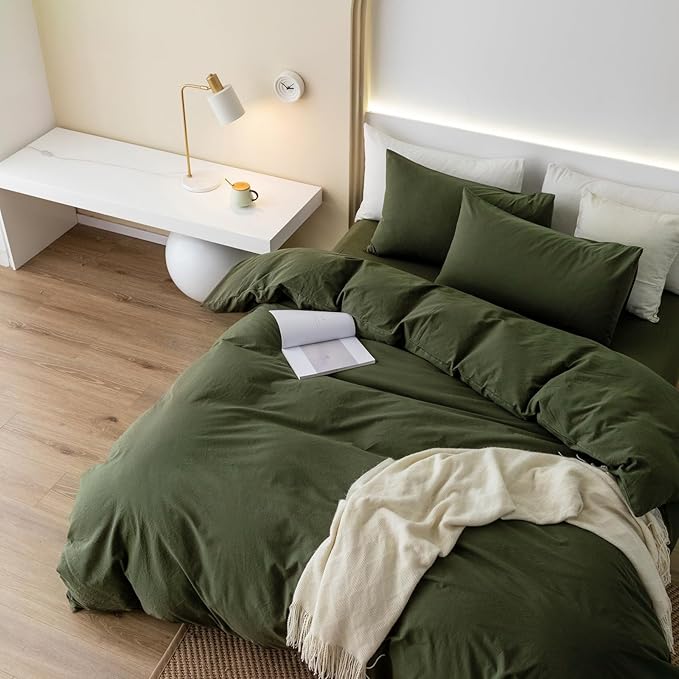 JIYUAN 100% Washed Cotton Duvet Cover Set 3 Pieces Super King, 1 Duvet Cover 108x98 Inches(Comforter Not Included) and 2 Pillowcases,Linen Feel Bedding Set Comfy and Breathable,Olive Green