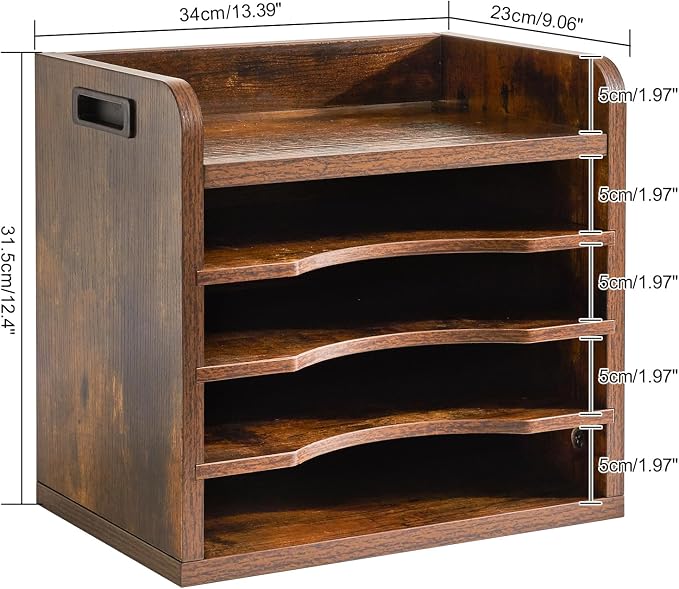 YMYNY Desktop File Organizer with Handle, Document Letter Mail Tray Sorter with 3 Adjustable Shelves, 5 Tiers Paper Holder for School Home Office Desk, Rustic Brown,13.4 * 12.4 * 9.06" UHBC006H