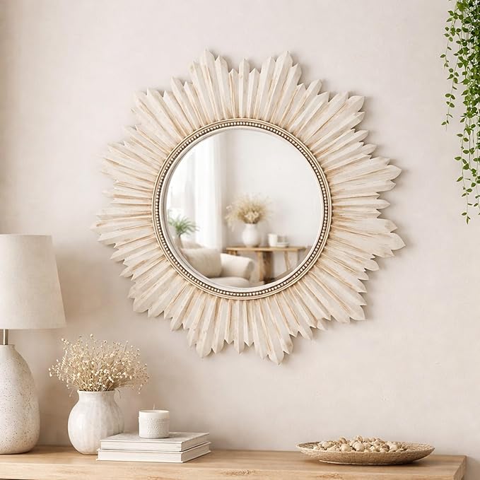 Armanda Collection Sunburst Round Wall Mirror Handmade Resin Frame Decorative Home Accent (Pearl) 47x47 cm / 18.5x18.5 Inches