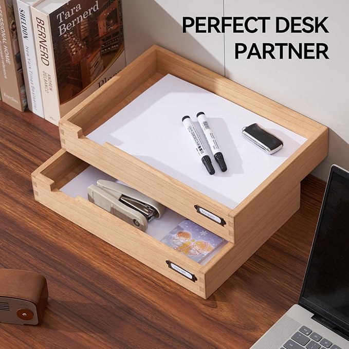 KIRIGEN Wood Desk Organizer Set of 2 Stackable Paper Tray Desktop Document Storage Wooden Letter Trays 2TTP-NA