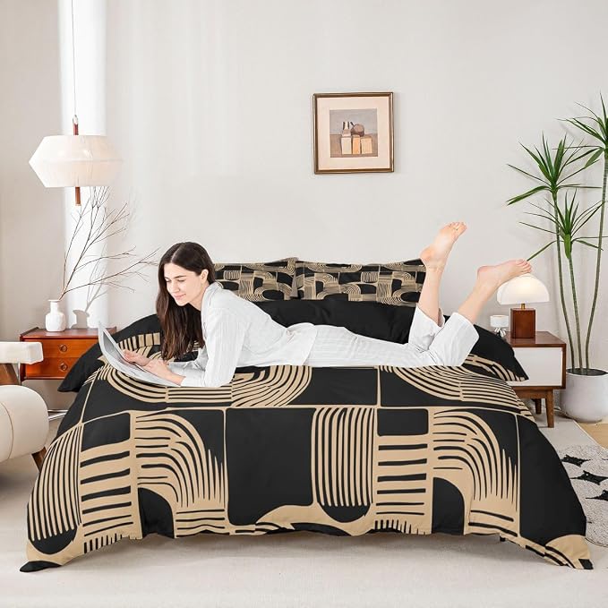 Erosebridal Boho Ethnic Duvet Cover Full Size for Boys Geometric Stripes Bedding Set Black Brown Bohemian Striped Comforter Cover for Kids Teens Youth Women Room Modern Simple Aesthetics Bed Sets