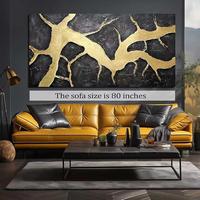 DNIEOTU Hand Painted Abstract Wall Art for Living Room, Black and Gold Canvas Wall-Decor for Bedroom, 3D Textured Paintings for Hallway Office, Large Size 80 x 40 Inches