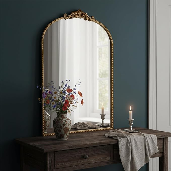 ZIYOO Vintage Baroque Arched Wall Mirror 36"x24", Gold Ornate Antique French Traditional Decor Mirror for Entryway Living Room Fireplace (Gold Metal,36" x 24")