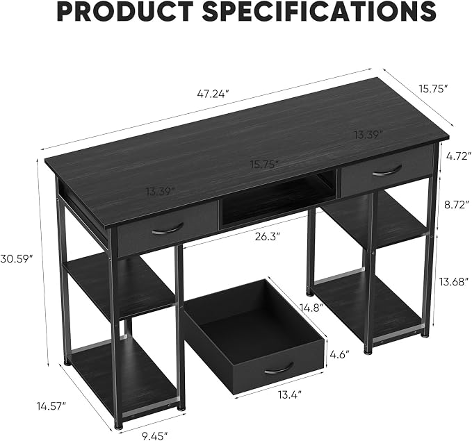 DUMOS 48" Small Computer Home Office Desk for Bedroom with Drawers, Gaming Writing Study Table with Storage Shelf, Adjustable Feet, Compact Desk for Gaming and Home Office Use, Metal Frame Black