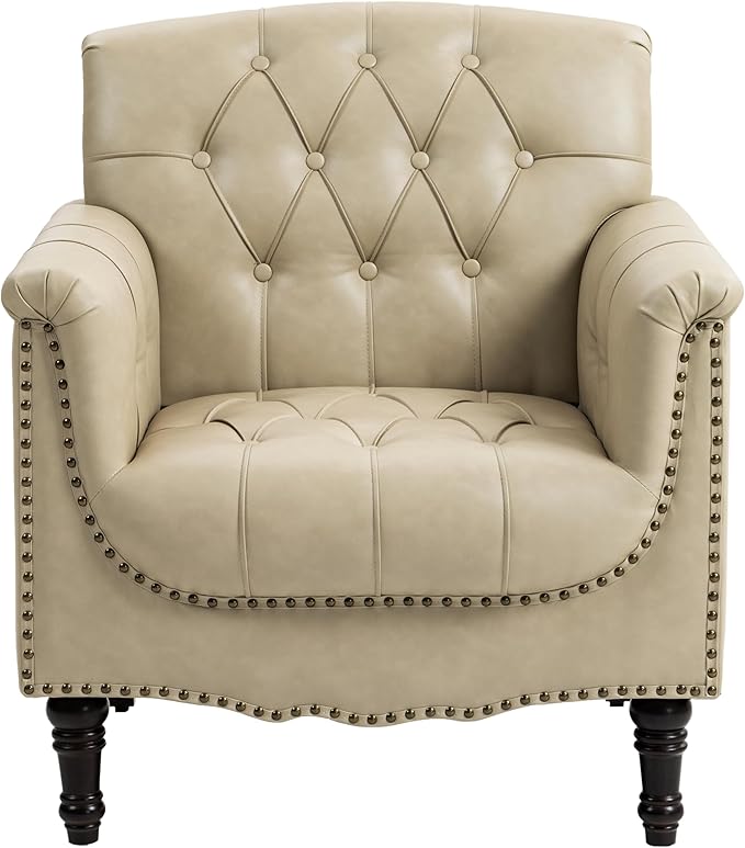 Faux Leather Accent Chairs Set of 2, Comfy Club Chair Upholstered Armchair for Living Room, Button Tufted Arm Chair Retro Single Sofa Side Reding Seat for Bedroom - Beige