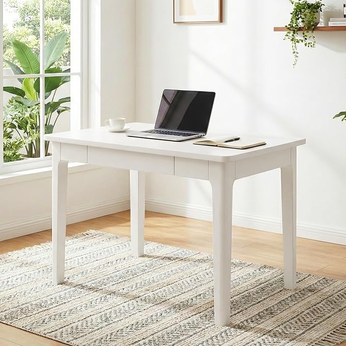Mid Century Modern Desk with Drawers,31.5 inch Solid Wood White Writing Desk for Home Office Bedroom,Small Computer Desk for Spaces Easy Assembly