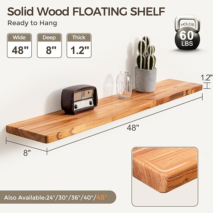 Fun Memories 48 Inch Floating Shelves, Rustic Solid Wood Wall Shelves Set of 1, 8 Inch Deep Floating Shelf for Bathroom, Bedroom, Heavy-Duty Wooden Shelf Wall-Mounted for Home Decor & Storage
