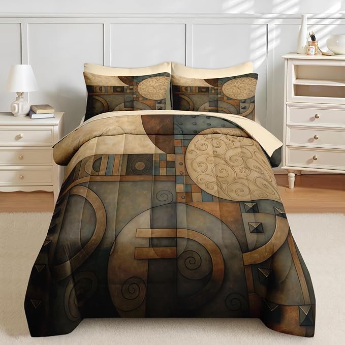 Nesker Comforter Set Queen Size, Geometry Vintage 7 Pcs Bedding for Kids and Adults, Abstract King Retro Tribe Bed Sheet Sets with Fitted Sheet 2 Pillowcases & 2 Shams