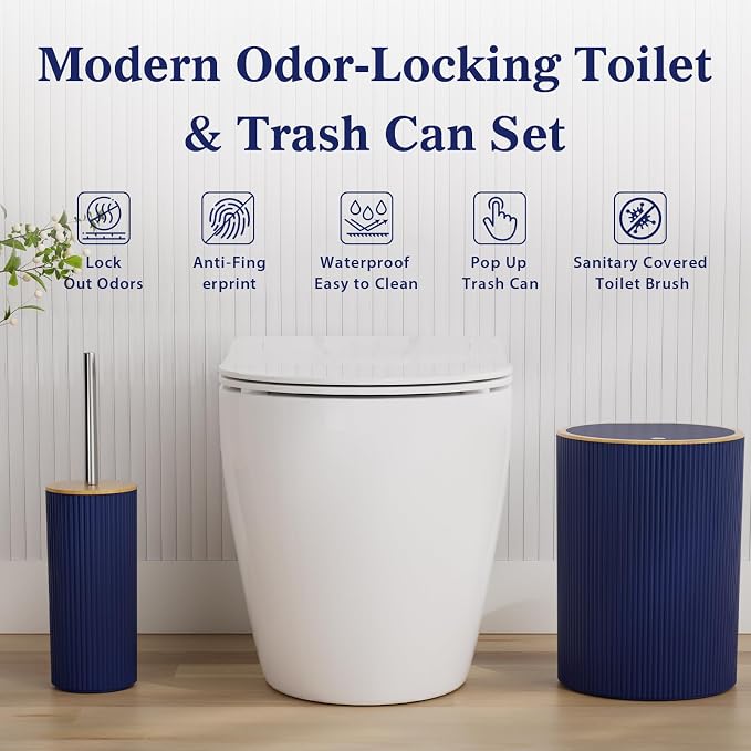 Navy Blue Bathroom Accessories Set 25 PCS, Bathroom Decor Set with Shower Curtain and Rugs, Trash Can, 2 Soap Dispensers, Toothbrush Holder, Tumbler, Soap Dish and Tray