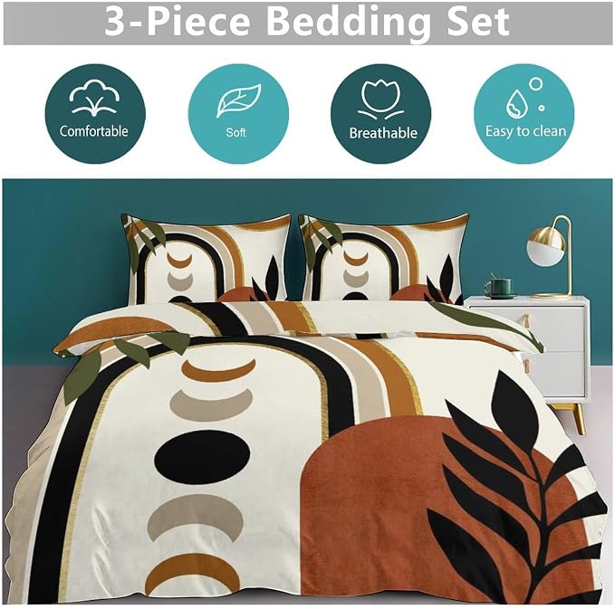 Bohemian Leaf Comforter Set,Mid Century Abstract Tropical Plant Minimalist Modern Geometric Palm Leaf Simple Bedding Duvet Cover Sets with Pillowcase for Bedroom Bed Decor，Twin 86"x70"