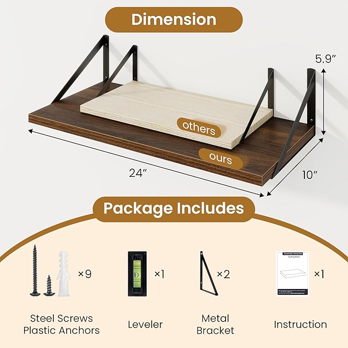 Deep Floating Shelves,24" Wx10 D Floating Shelf for Wall Set of 2,Hanging Storage Shelf with Metal Brackets,Wide Display Wall Shelves for Living Room,Bedroom,Bathroom,Kitchen,Walnut