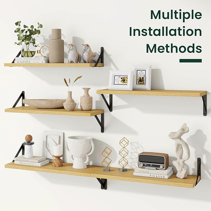 Floating Shelves, 8 Inch Deep Rustic Wood Wall Storage, 24W x 8D Wall Shelves Set of 2, Heavy Duty Metal Brackets, Industrial Book Shelf for Living Room, Kitchen, Bathroom, Bedroom, Oak