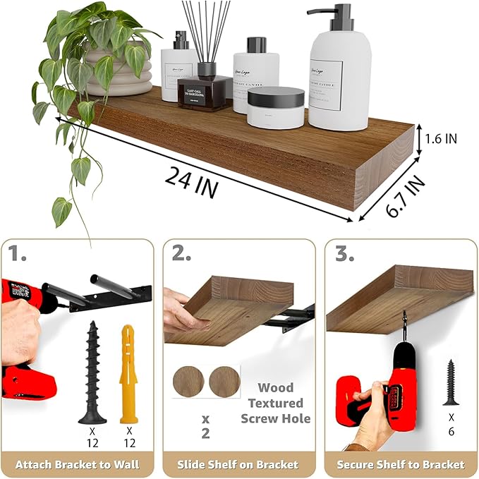 IAE Walnut Floating Wall Shelves 24 inch, Bathroom Shelf Wall Mounted,Invisible Shelf Floating Kitchen Shelves,Wooden Wall Shelving with Brackets for Living Room Wall Mounted,Easy Install,Set of 2